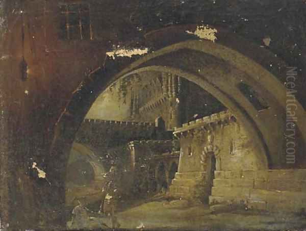 A castle courtyard with soldiers conversing - view 1