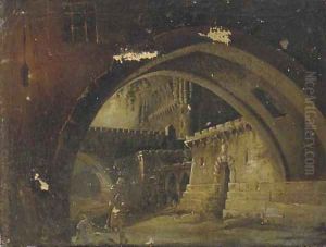 A castle courtyard with soldiers conversing by German School