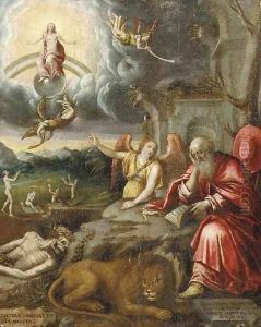 A Landscape With Saint Jerome And The Lion, The Arch Angel Michael And The Last Judgement In The Background by German School