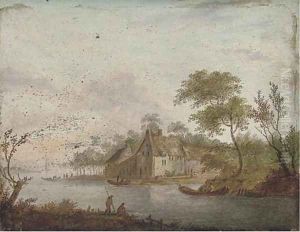 A wooded river landscape with an angler on the river bank, a town beyond