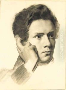 A young man leaning his hand on his forehead by German School