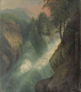 An adventurous crossing a couple on an Alpine bridge by German School