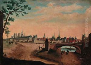 An extensive view of a town by German School