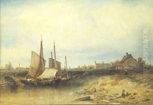Fishing vessels by a village in a river landscape