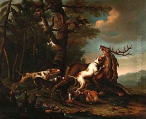 Hounds bringing down a Stag at the edge of a Forest by German School