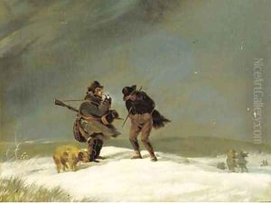Outpost of a shooting party a sportsman, his dog and a beater in the snow by German School