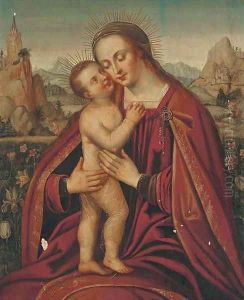 The Virgin and Child, a landscape beyond by German School