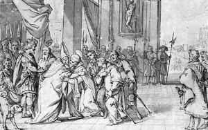 A Bishop and a King welcoming a Franciscan Saint in a Castle by German School