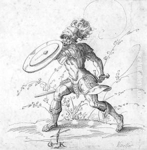 A soldier brandishing a shield in a landscape