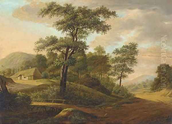 An extensive wooded river landscape with a town beyond - view 1