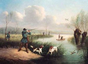 Figures Duck shooting in a River Landscape by German School