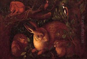 Hares in a forest with a squirrel