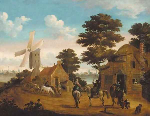 Falconers at an inn, a windmill by a river beyond - view 1
