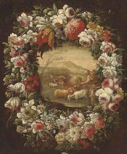 A shepherd and shepherdess with their flock, in a floral cartouche by Neapolitan School