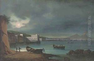 Fishermen at the Bay of Naples by night, Vesuvius beyond by Neapolitan School
