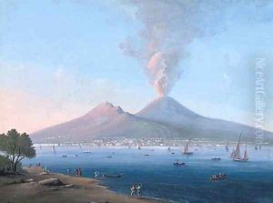 Figures on the Neapolitan coast before an active Vesuvius (illustrated) by Neapolitan School