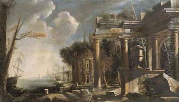 A Mediterranean harbor with a capriccio of classical ruins - view 1