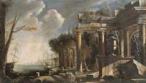 A Mediterranean harbor with a capriccio of classical ruins