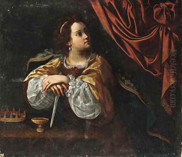 A queen with a crown, cup and dagger in an interior - view 1