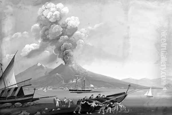 A view of the eruption of Mount Vesuvius in 1834 with fisherman launching a skiff - view 1
