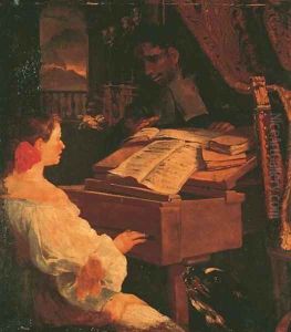 An elegant lady playing the harpsichord, with a view of Mount Vesuvius beyond
