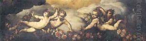 Putti playing with garlands of flowers