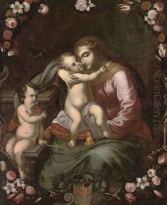 The Madonna and Child with the Infant Saint John the Baptist surrounded by a floral cartouche
