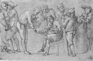 A man bargaining with a pedlar and other figures