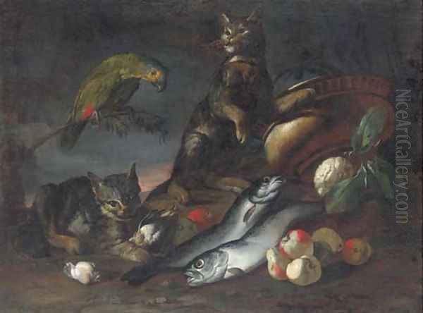 A parrot, two cats, dead fish, pears, an artichoke, a cauliflower - view 1