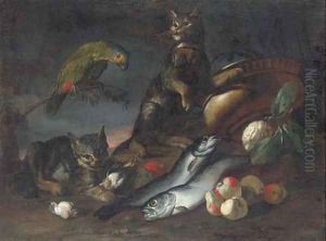 A parrot, two cats, dead fish, pears, an artichoke, a cauliflower