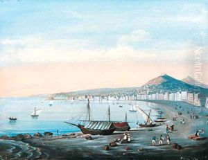 Figures and beached fishing boats on the Neapolitan coast by Neapolitan School