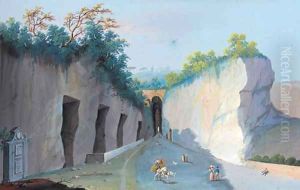 Figures on the Neapolitan coast with Vesuvius erupting beyond by Neapolitan School