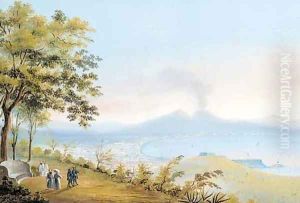 Figures overlooking the bay of Naples, Vesuvius beyond by Neapolitan School