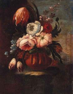 Flowers in urns in a landscape