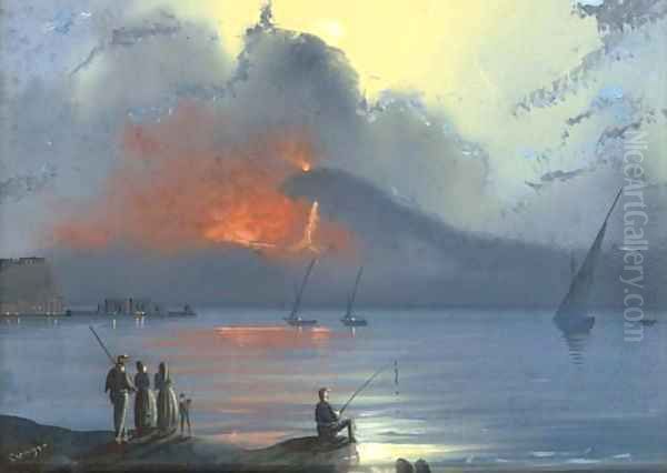 Vesuvius erupting at dusk - view 1