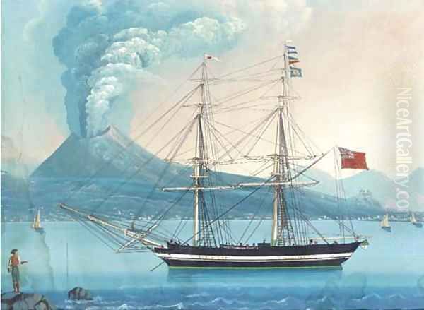 An English merchantman lying at anchor in the Bay of Naples with Vesuvius erupting beyond (illustrated) - view 1
