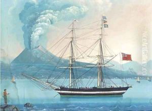 An English merchantman lying at anchor in the Bay of Naples with Vesuvius erupting beyond (illustrated) by Neapolitan School