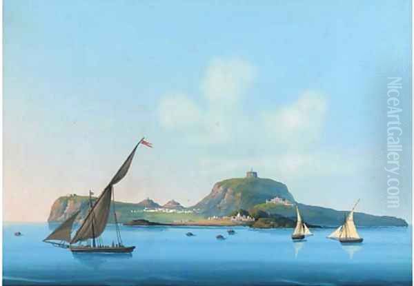 Xebecs before an island off the Italian coast - view 1