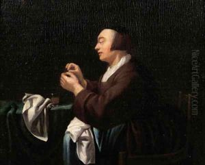 A woman sewing by a table by Michael Sweerts