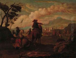 Cavalrymen before a town in an extensive landscape