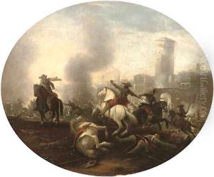 A cavalry battle before a castle by Francesco Simonini