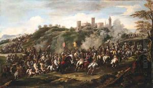 A cavalry charge beneath a hilltop fortified town