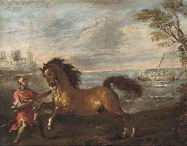 A coastal inlet with a Turk attending a horse - view 1