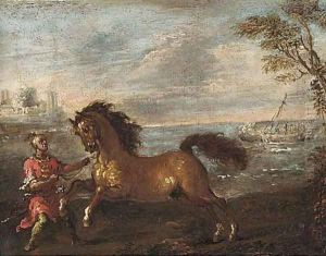 A coastal inlet with a Turk attending a horse by Francesco Simonini