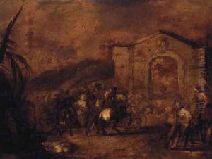 A cavalry skirmish before a classical gateway