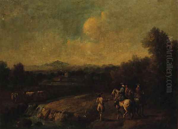 A wooded River Landscape with Huntsmen on a Track - view 1