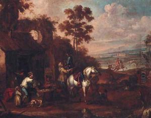 Sportsmen taking refreshment and playing cards at an inn by Francesco Simonini