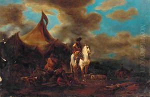 A cavalier before a military encampment by Francesco Simonini
