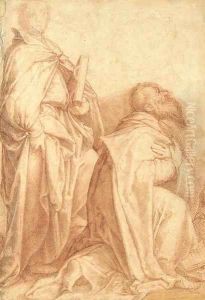 A standing saint holding a book and a bearded saint kneeling and looking up to the left