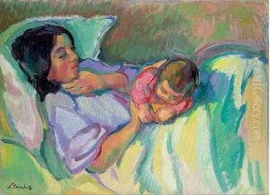 Madame Tarkhoff Allongee En Liseuse Mauve Et Son Bebe by Nicolas Tarkhoff